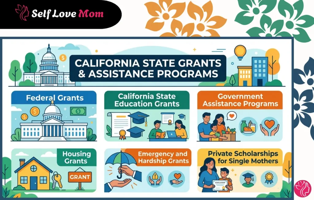 Grants for single mothers in California including federal grants, education grants, housing grants, emergency grants and private scholarships infographic