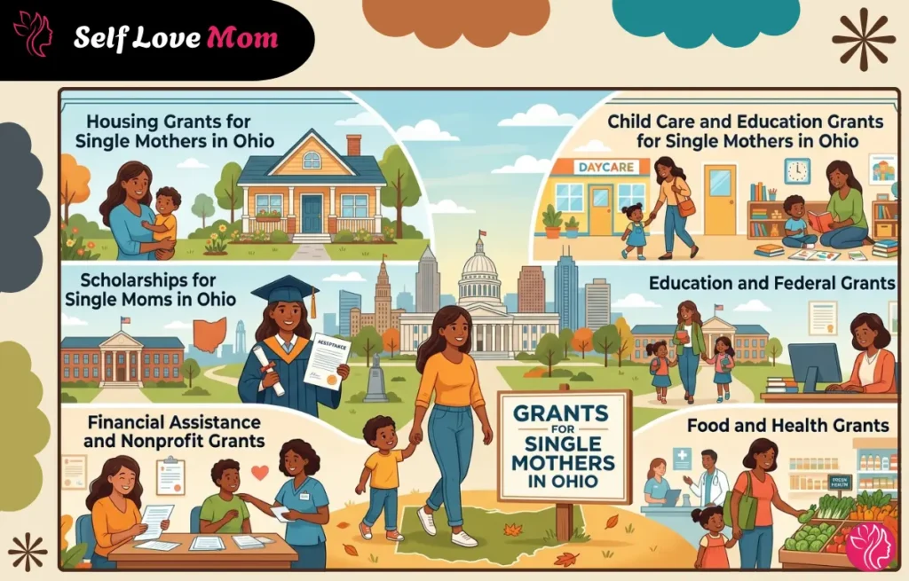 Grants for single mothers in Ohio covering housing assistance, childcare, education scholarships, financial aid, and food programs