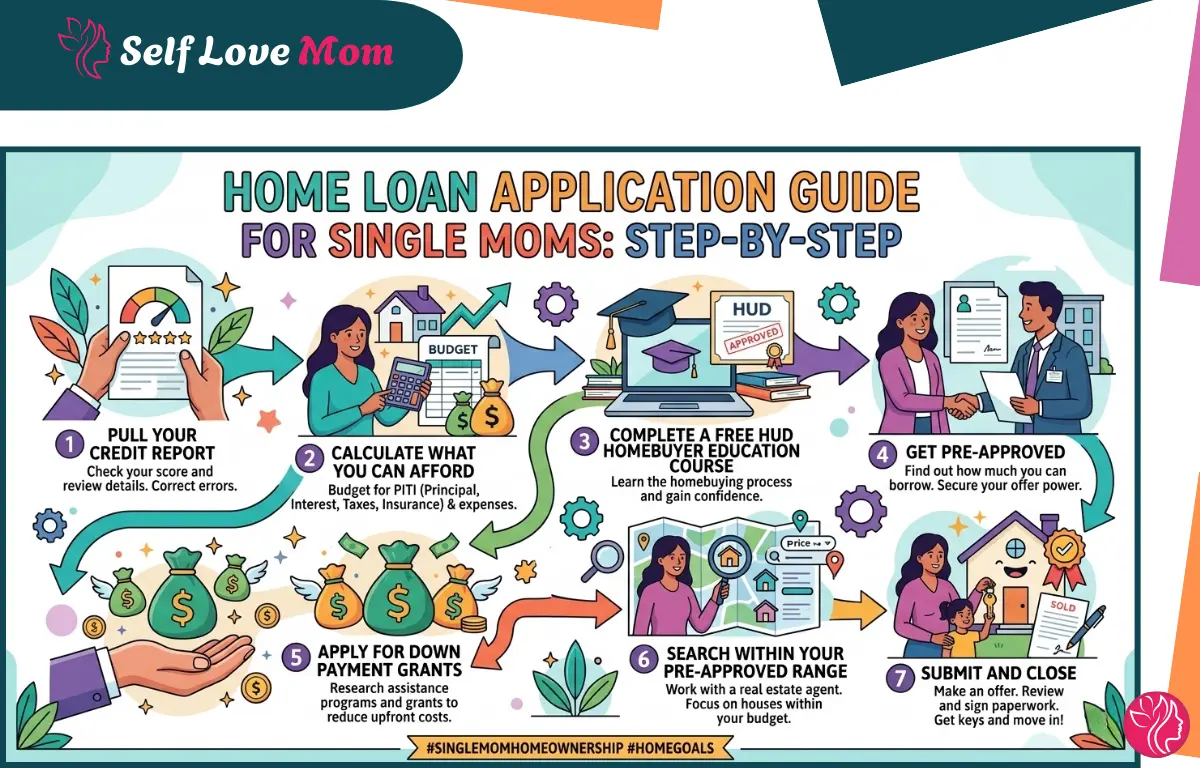 Home loan application guide for single moms showing 7 steps from credit report to closing - single mom home buying process infographic