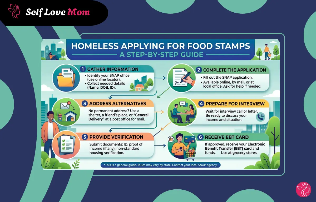 Step-by-step guide for homeless individuals applying for food stamps (SNAP benefits) - including gathering information, completing application, address alternatives, interview preparation, verification documents, and receiving EBT card