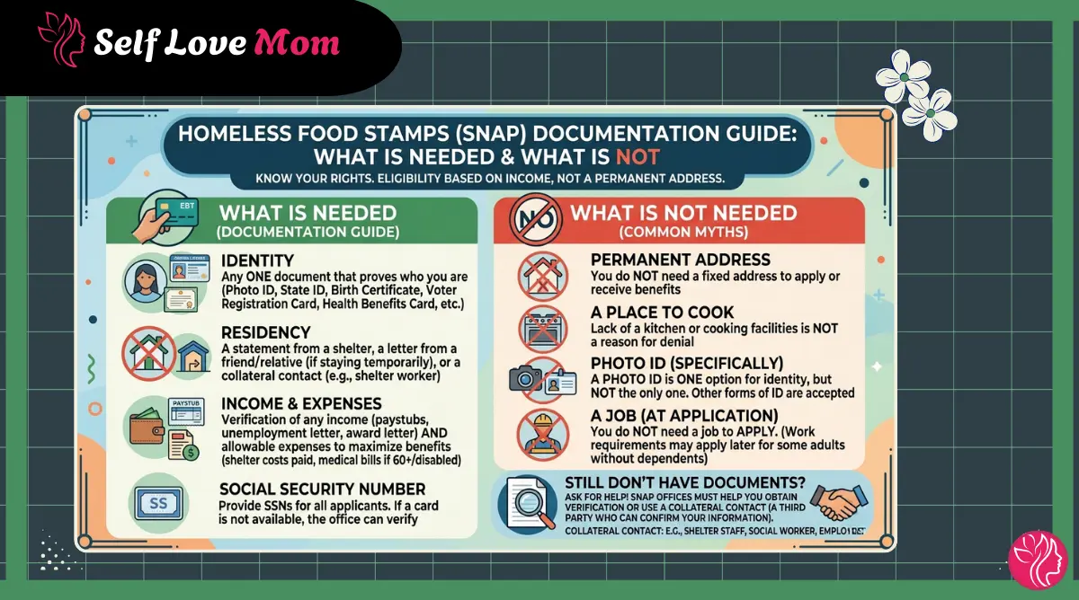 Homeless get food stamps SNAP documentation guide showing required documents like identity, residency, income verification and myths such as no permanent address or job required.