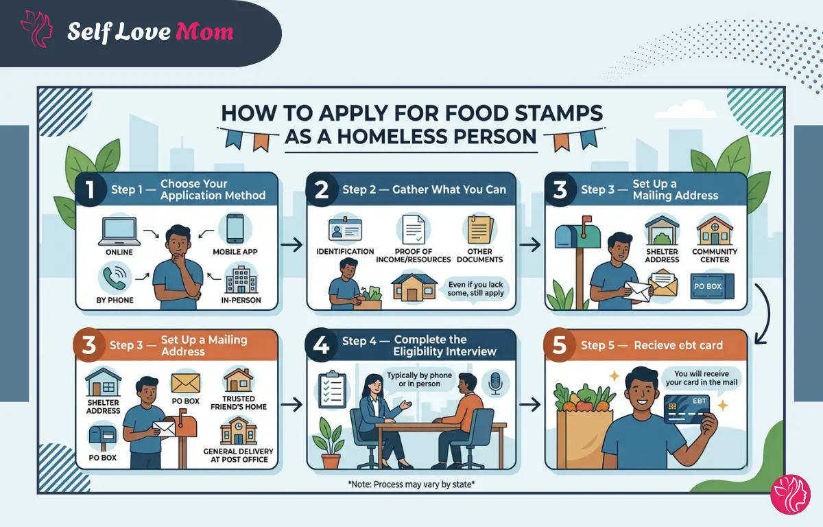 Steps explaining how homeless individuals can apply for food stamps including application methods, documents, mailing address setup, interview process, and receiving an EBT card. 