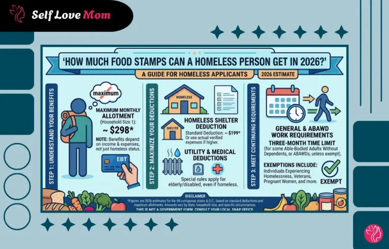 Guide explaining how much food stamps can a homeless person get in 2026 including maximum SNAP benefits, deductions, and work requirements.