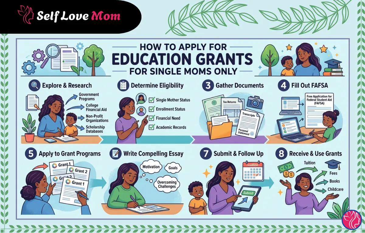 Step by step infographic showing how single moms can apply for education grants in 8 steps including researching programs, checking eligibility, gathering documents, filling out FAFSA, applying to grants, writing an essay, submitting applications, and using grant funds for tuition books and childcare