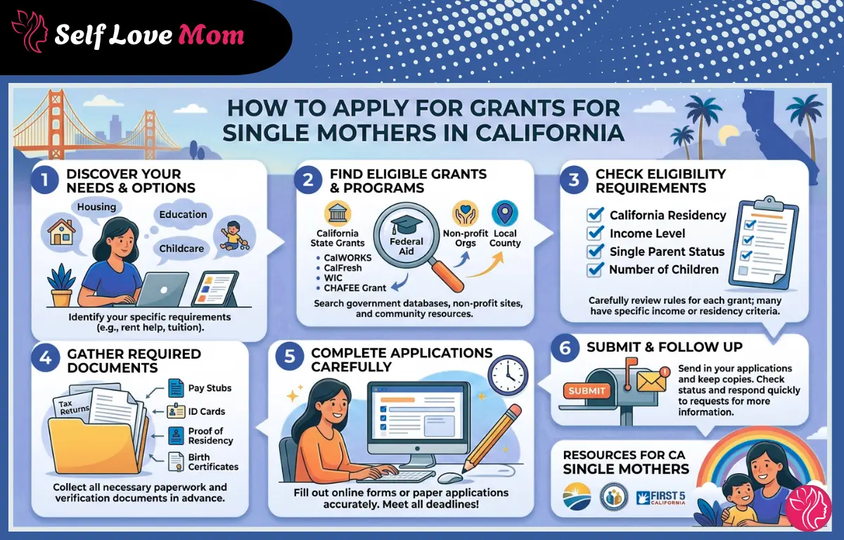 How to apply for grants for single mothers in California – 6 step guide covering eligibility, documents, CalWORKs, WIC, CalFresh and application process