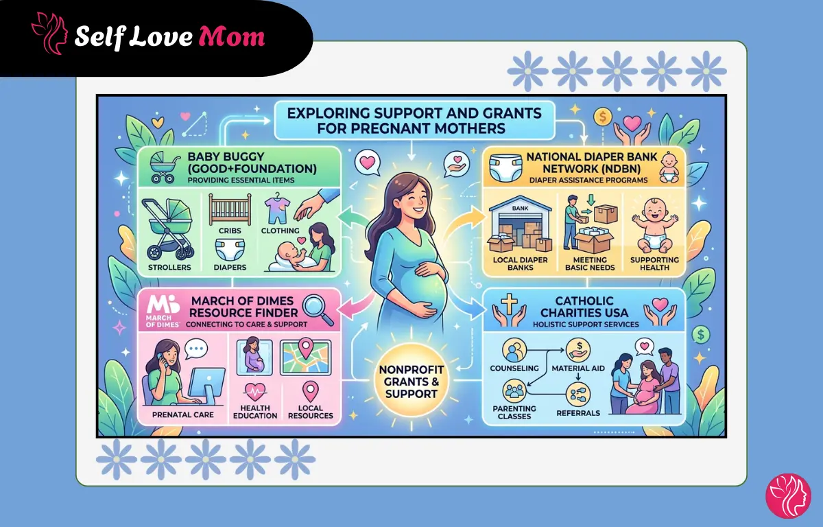 Infographic showing nonprofit grants and support for pregnant mothers including Baby Buggy, National Diaper Bank Network, March of Dimes, and Catholic Charities USA