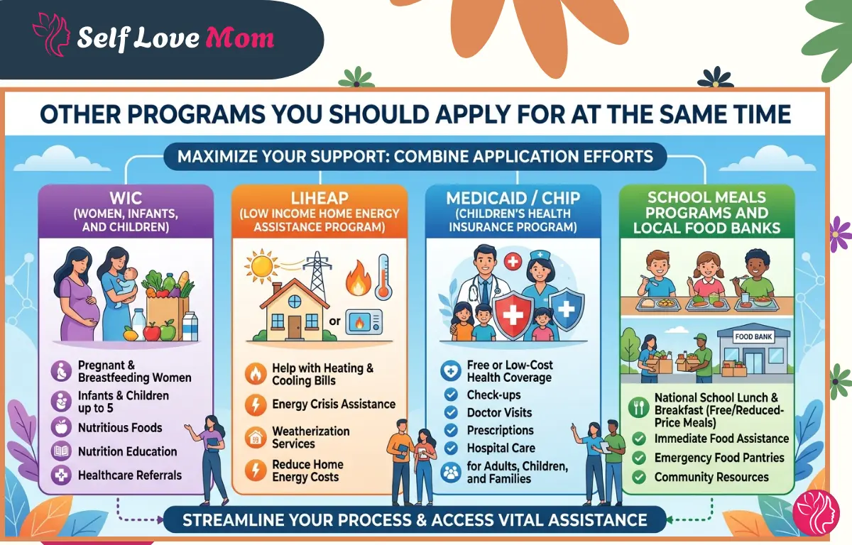 Programs to apply for at the same time including WIC, LIHEAP energy assistance, Medicaid or CHIP health coverage, school meal programs, and local food banks for low-income families.