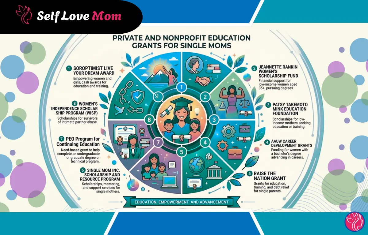 Circular infographic showing 8 private and nonprofit education grants for single moms including Soroptimist Live Your Dream Award, Jeannette Rankin Scholarship, Patsy Takemoto Mink Foundation, AAUW Career Development Grants, Raise the Nation Grant, Single Mom Inc, P.E.O. Scholarship, and WISP