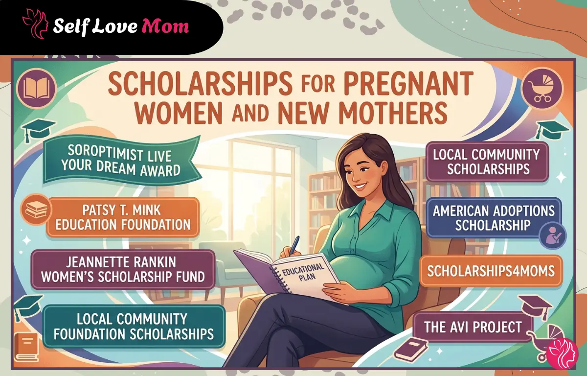 Infographic listing scholarships for pregnant women and new mothers including Soroptimist, Patsy T. Mink, Jeannette Rankin, Scholarships4Moms, The Avi Project, and American Adoptions Scholarship