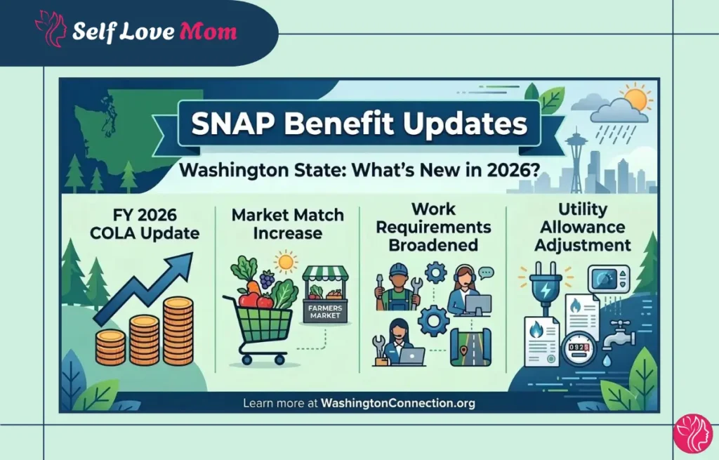 SNAP benefit updates for Washington State 2026 including COLA increase, market match program, expanded work requirements, and utility allowance adjustments.