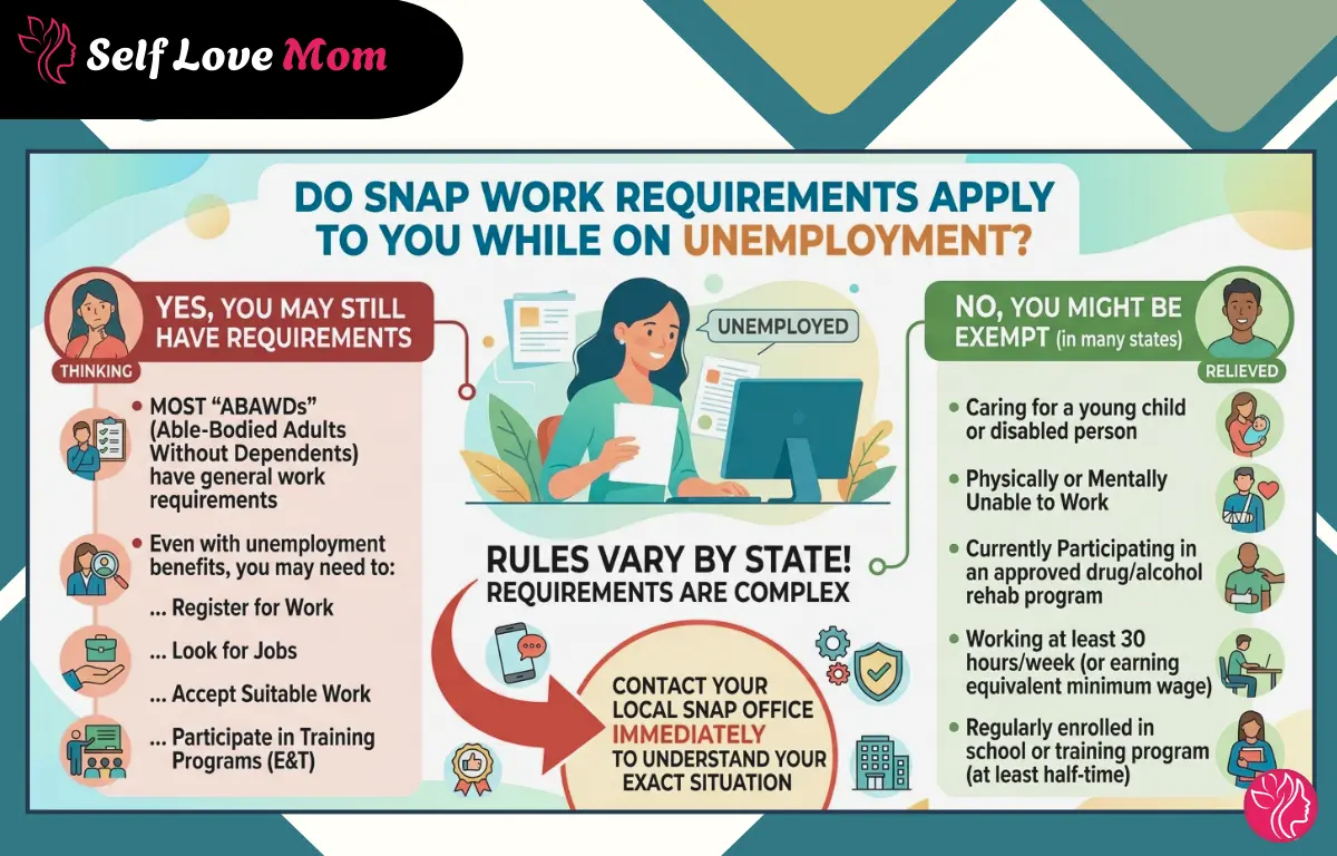 SNAP work requirements while on unemployment showing ABAWD rules, job search requirements, and possible exemptions for caregivers, students, or disabled individuals.