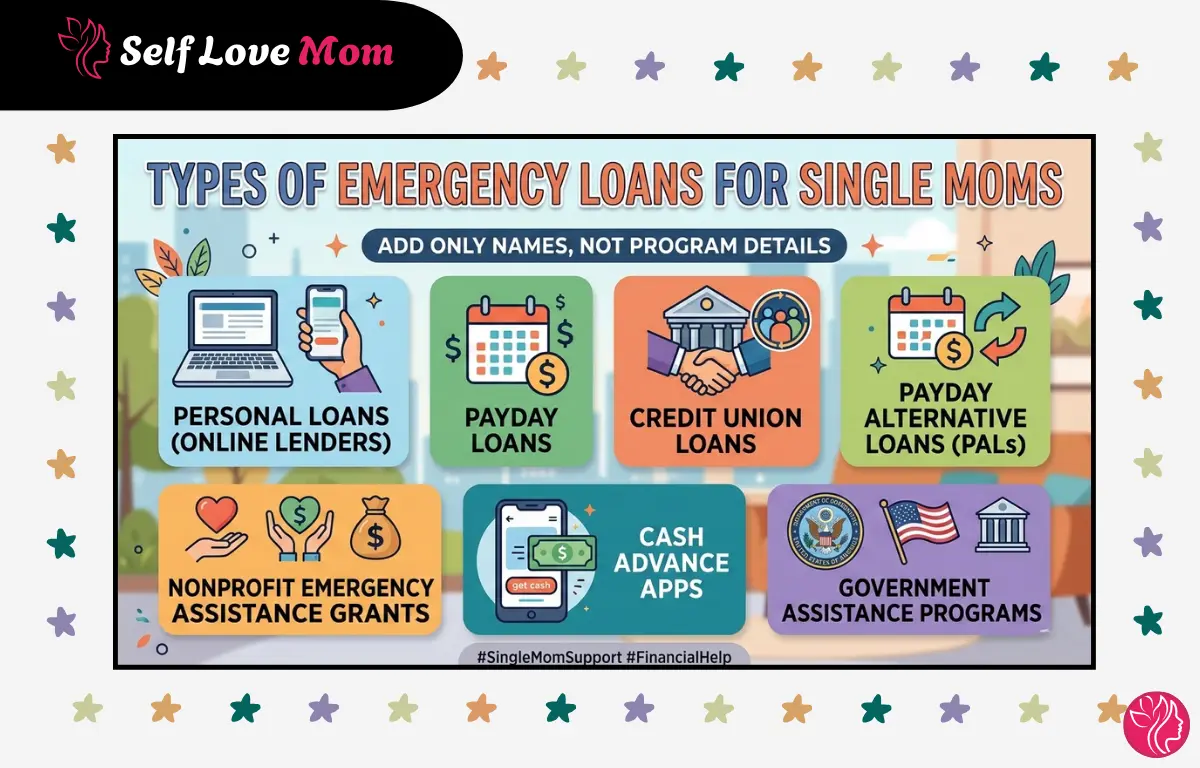 Types of emergency loans for single moms including personal loans, payday loans, credit union loans, PALs, nonprofit grants, cash advance apps and government assistance programs
