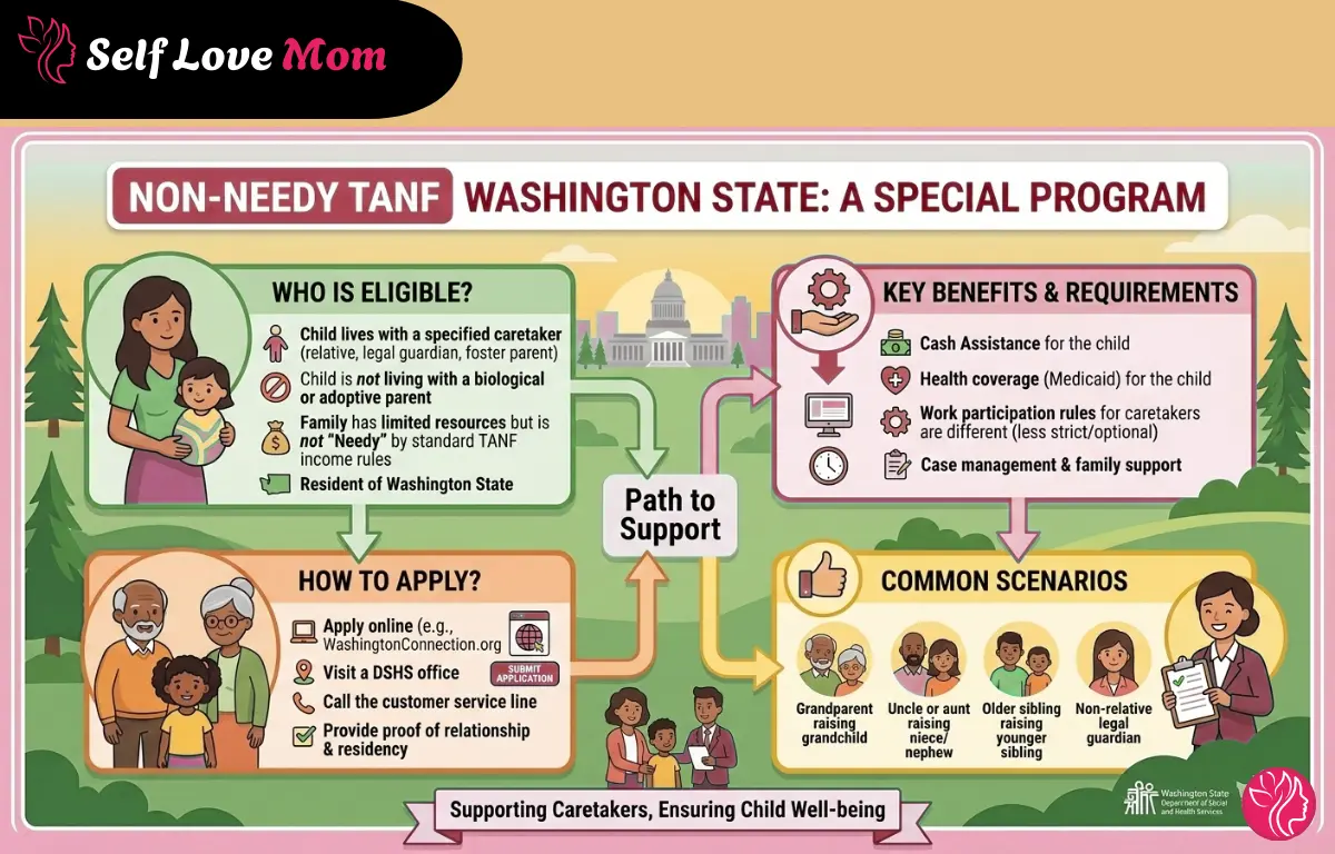 An educational infographic explaining Washington State's Non-Needy TANF program for non-parental caregivers, covering eligibility, child-only benefits, and how to apply via DSHS.