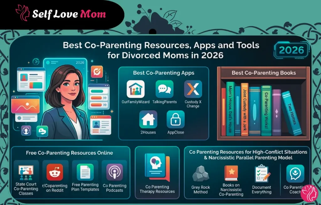 An infographic titled "Best Co Parenting Resources, Apps & Tools for Divorced Moms in 2026" featuring five columns of categorized parenting support tools, including top apps, recommended books, free online resources, therapy options, and high-conflict strategy guides.