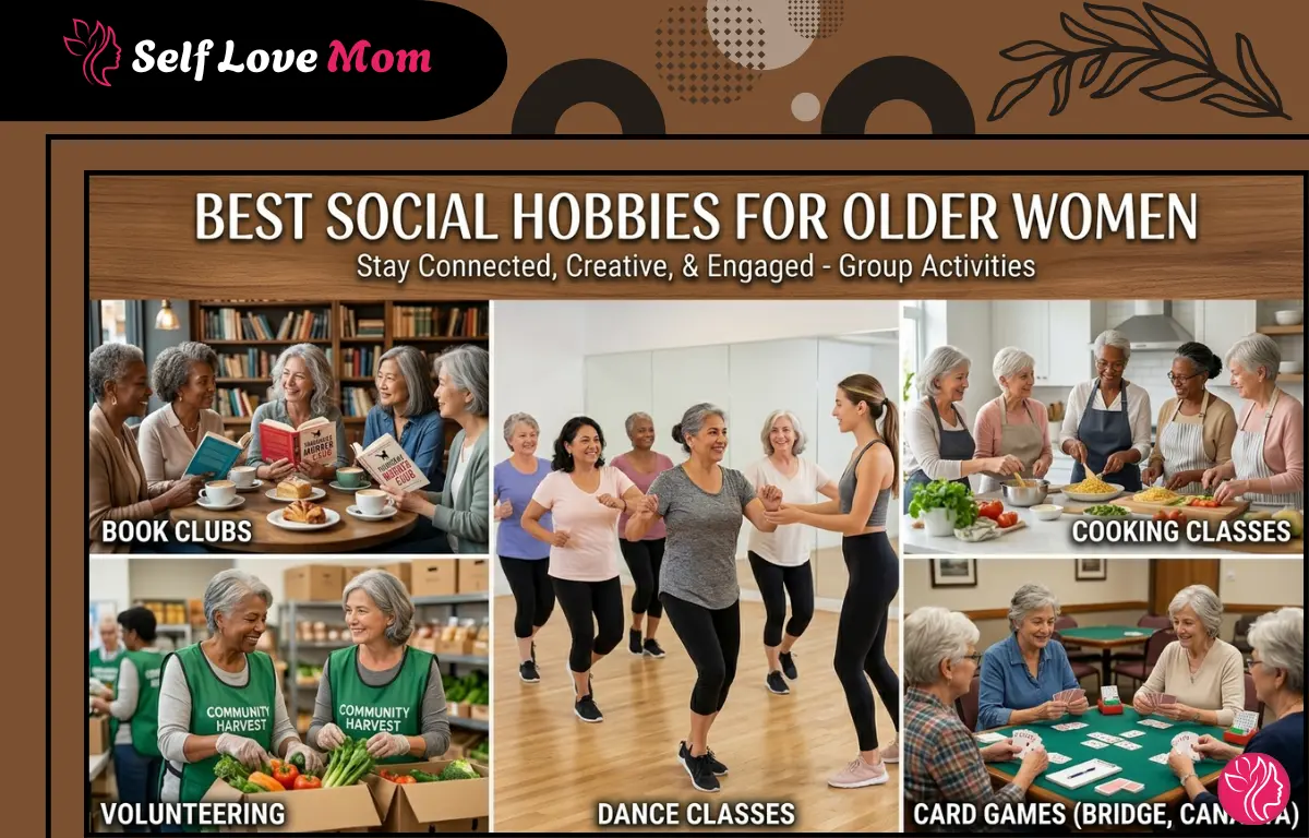 Older women enjoying social hobbies like book clubs, dance classes, volunteering, cooking classes, and card games