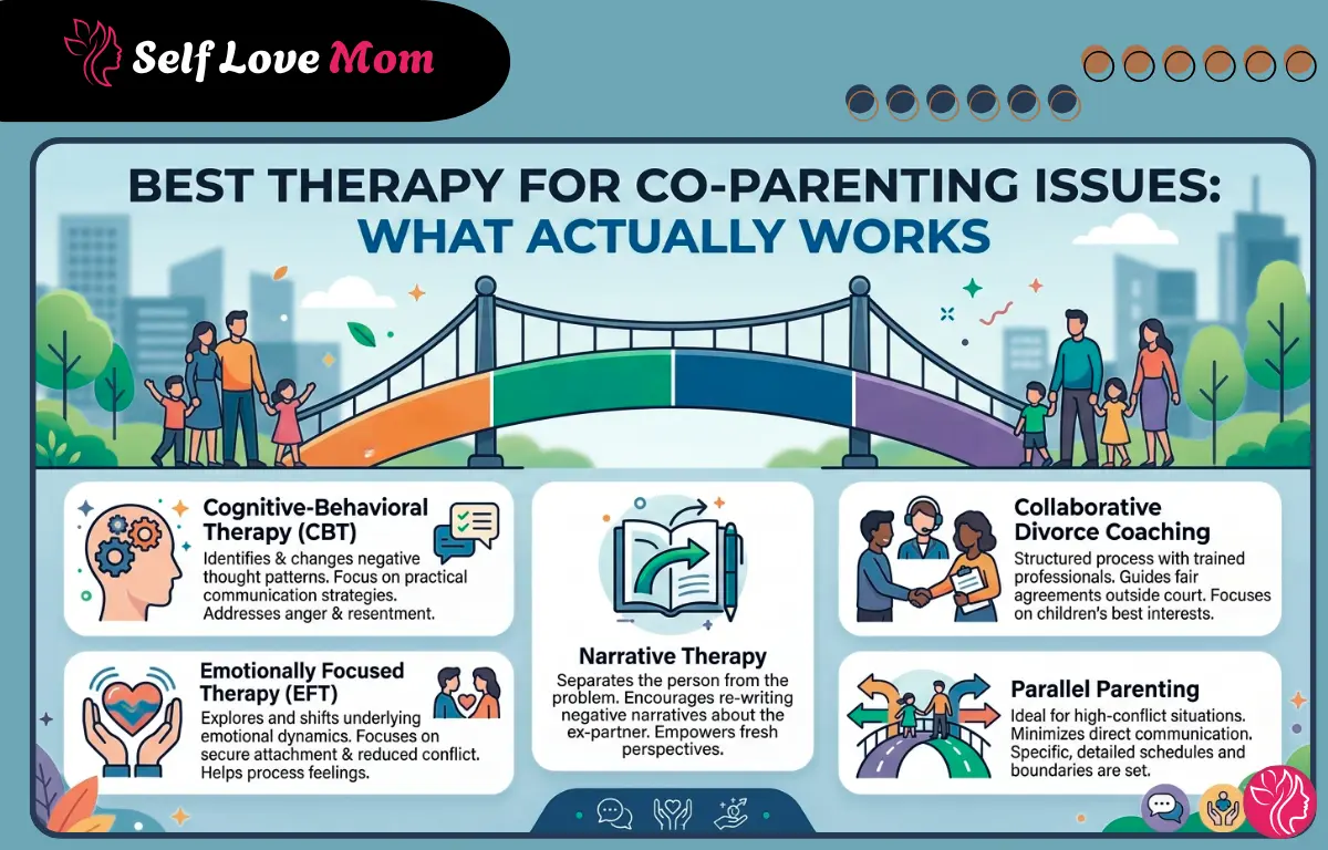 Infographic explaining the best therapy for co-parenting issues, including CBT, Emotionally Focused Therapy, Narrative Therapy, Collaborative Divorce Coaching, and Parallel Parenting.