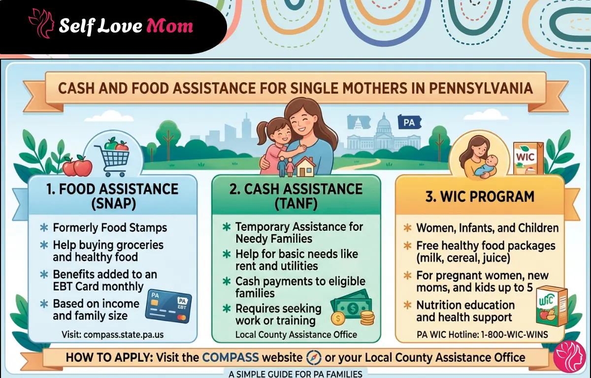 Cash and Food Assistance for Single Mothers in Pennsylvania – Infographic showing SNAP food assistance, TANF cash assistance, and WIC Program benefits with how to apply via COMPASS website