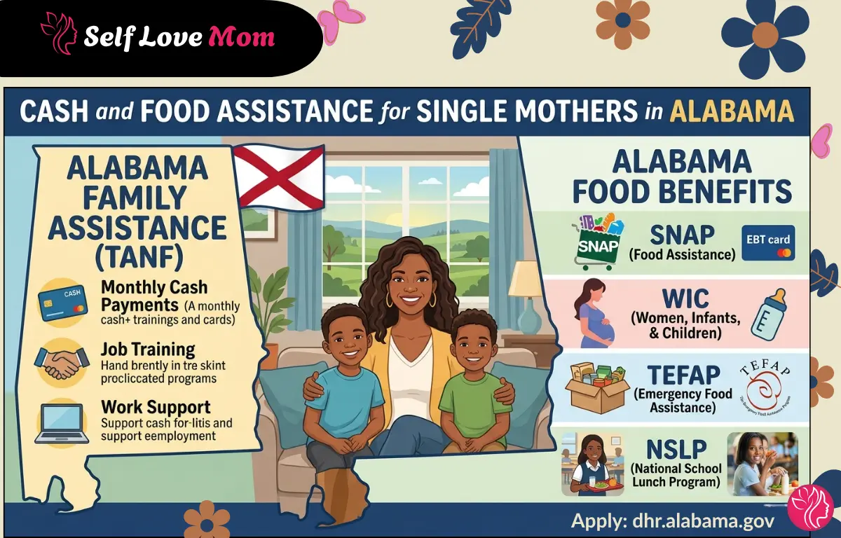 Alabama Family Assistance TANF and food benefits infographic for single mothers showing SNAP EBT card, WIC, TEFAP, and NSLP programs