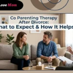 A divorced couple sitting on a couch during a co parenting therapy session with a female therapist in a bright, modern office.