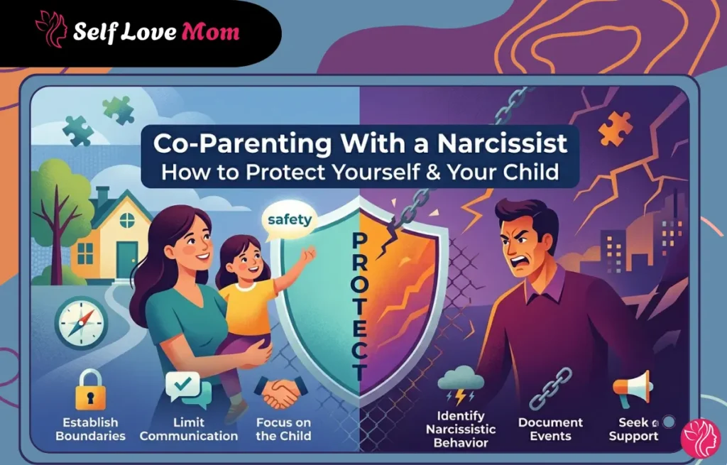 An illustrative infographic titled "Co-Parenting With a Narcissist," showing a protective shield between a mother and child in a peaceful setting and an angry father figure in a chaotic environment.