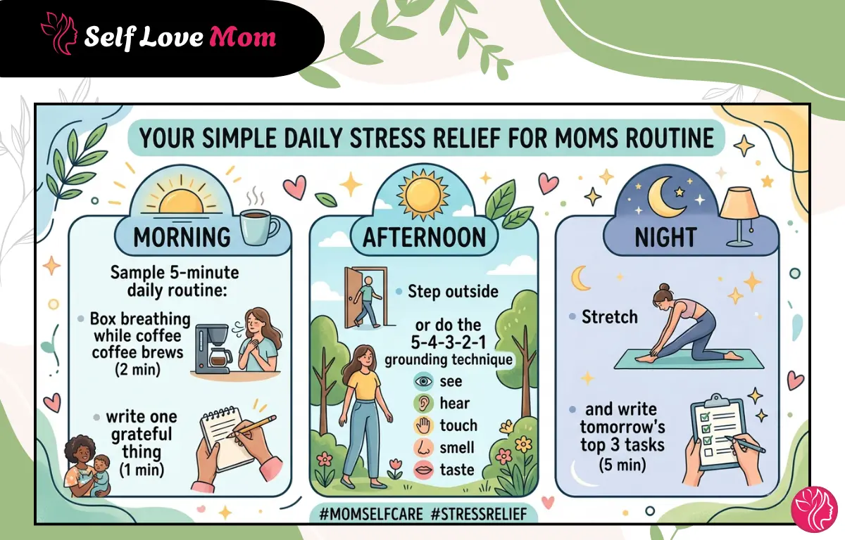 Daily stress relief for moms routine showing morning box breathing and gratitude, afternoon 5-4-3-2-1 grounding technique outdoors, and night stretching with top 3 tasks planning