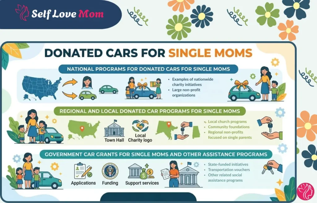 An infographic providing a comprehensive guide to finding Donated Cars for Single Moms, showcasing national organizations, local charity programs, and government grants available for assistance.