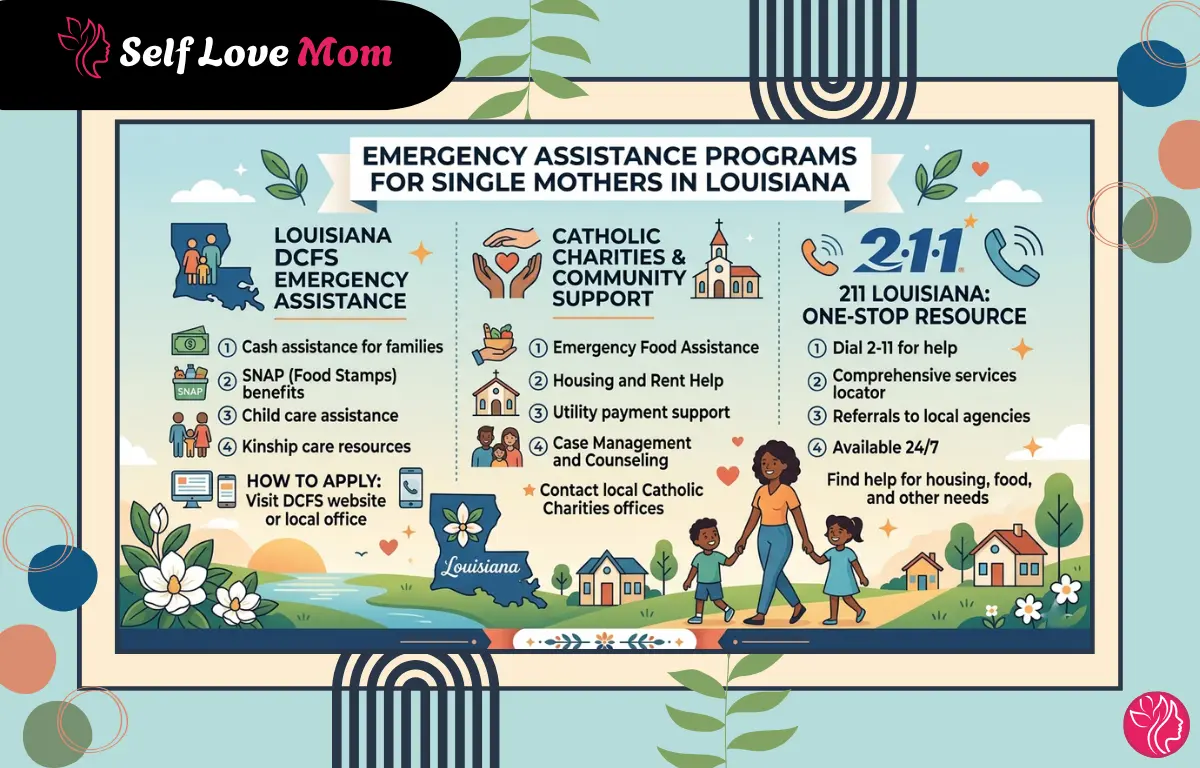 Infographic showing emergency help resources for single mothers in Louisiana, including DCFS programs, Catholic Charities housing support, and 211 helpline info.