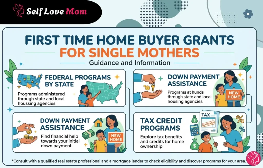Infographic showing first time home buyer grants for single mothers, featuring sections on state-level federal programs, down payment help, and tax credits.