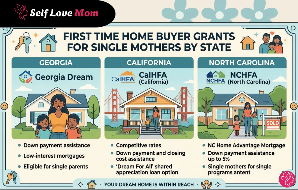Infographic showing first-time home buyer grants for single mothers in Georgia (Georgia Dream), California (CalHFA), and North Carolina (NCHFA) with details on down payment assistance and low-interest mortgages.