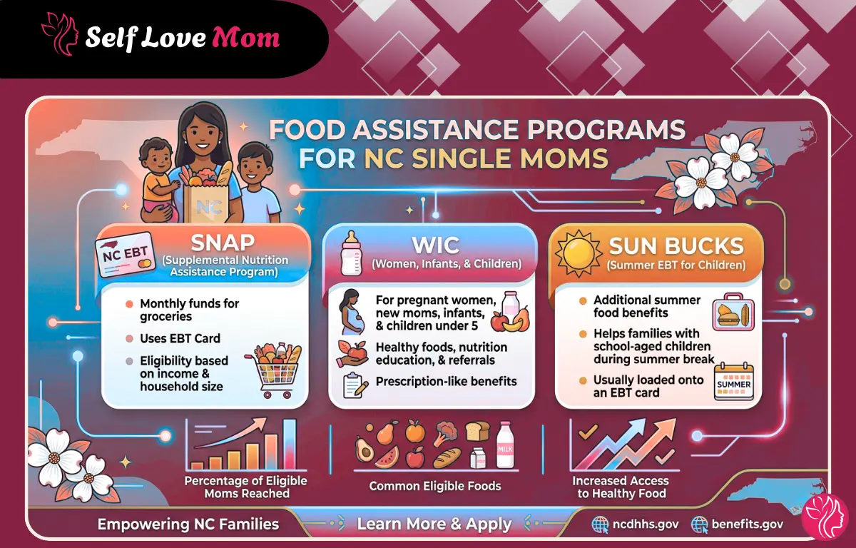 Comprehensive infographic on food assistance programs for NC single moms featuring SNAP, WIC, and SUN Bucks details.