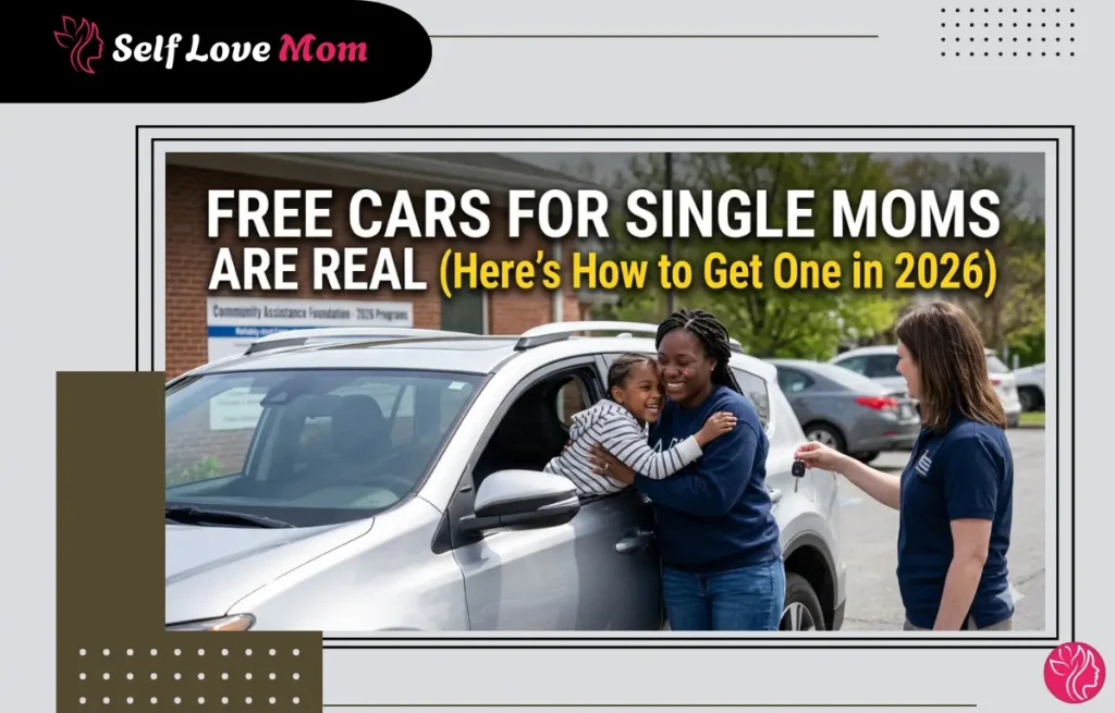 A single mom and her daughter share a joyful hug through a car window while a staff member hands over keys at a free cars for single moms program outside a community assistance center.
