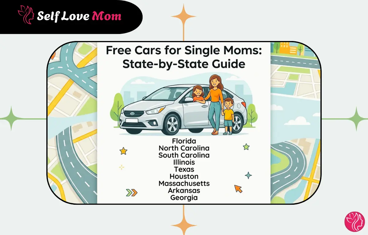 An illustrated single mom with two kids standing next to a car showing a state-by-state guide for free cars for single moms programs in Florida, Texas, Georgia and more.