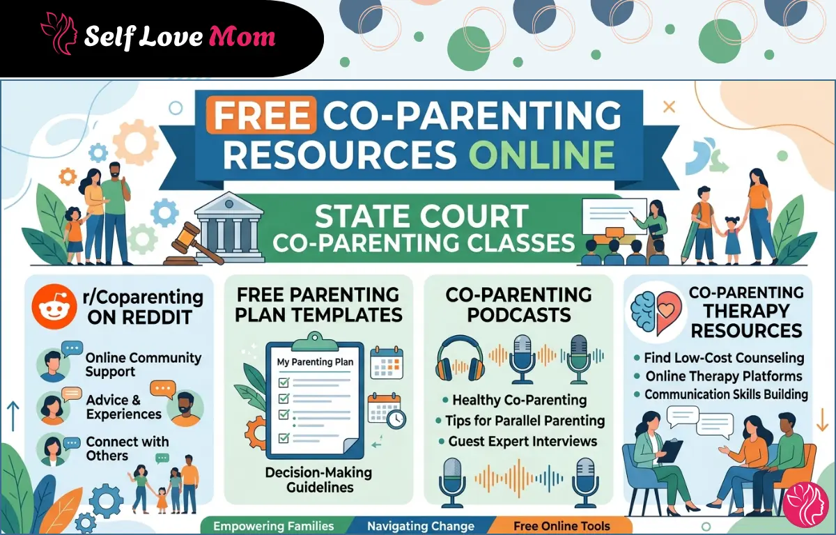 Infographic showcasing free online co-parenting resources including state court classes, Reddit communities, parenting plan templates, podcasts, and therapy resources.