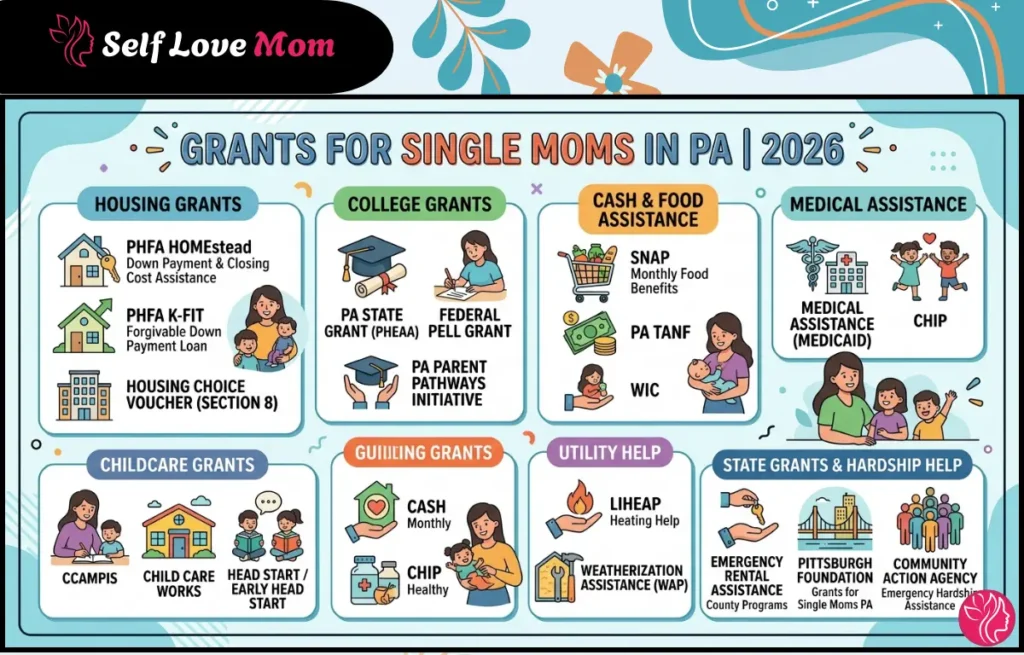 Grants for Single Moms in PA 2026 – Complete guide showing housing grants, college grants, cash and food assistance, medical assistance, childcare grants, utility help, and state hardship programs in Pennsylvania