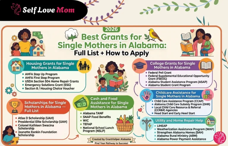 2026 best grants for single mothers in Alabama full list infographic covering housing, college, scholarships, childcare, food assistance, and utility help programs