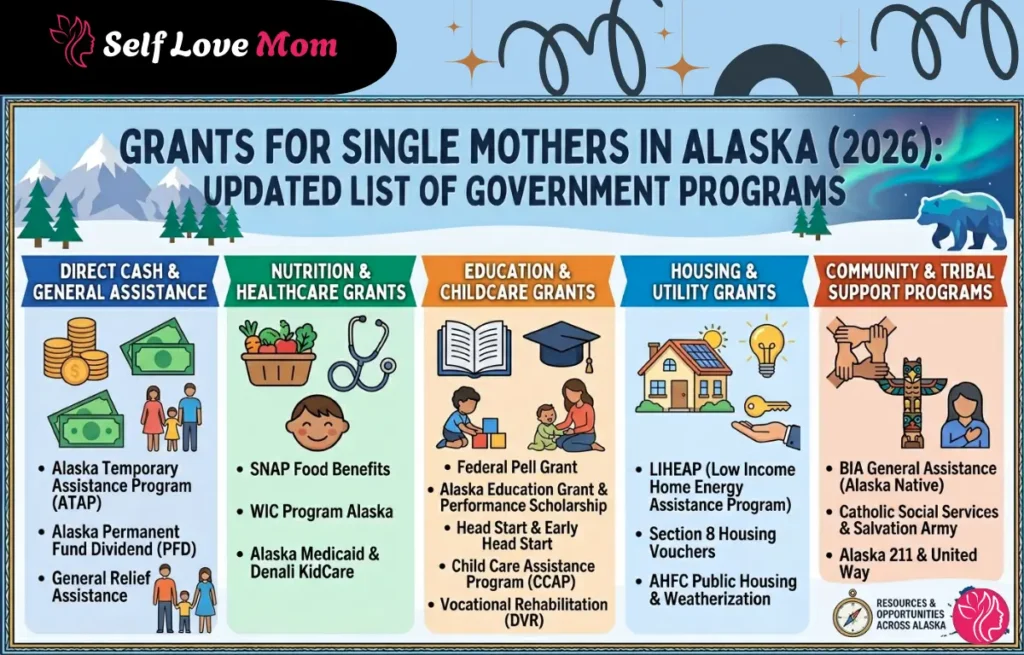 An infographic guide detailing "Grants for Single Mothers in Alaska: Every Program Available in 2026," with categories for Cash, Nutrition, Education, Housing, and Community support.
