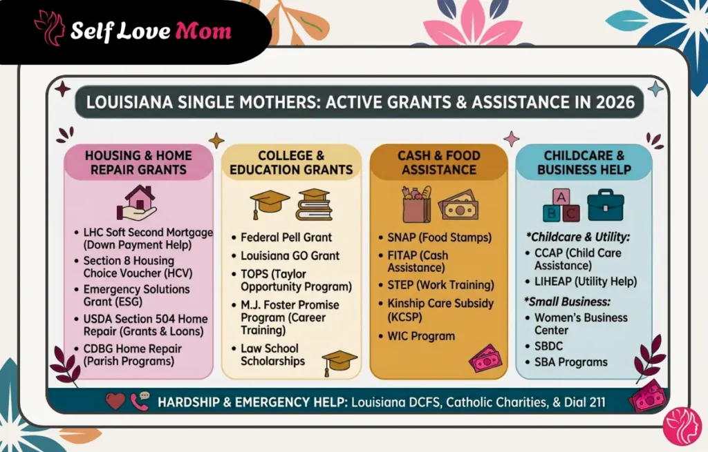 An organized infographic titled 'Louisiana Single Mothers: Active Grants & Assistance in 2026' providing resources like Pell Grants, CCAP, and food aid for those seeking grants for single mothers in Louisiana.