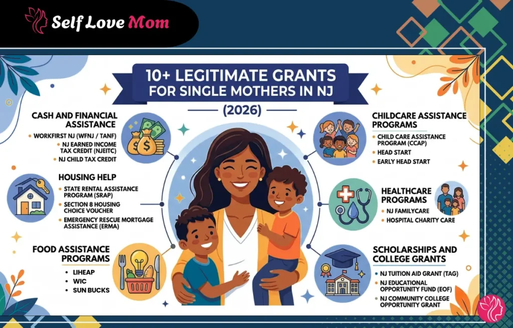 Infographic of 10 plus legitimate grants for single mothers in nj 2026, including housing, food, and childcare help.