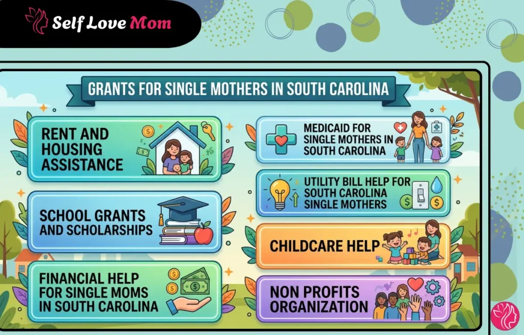 Infographic showing grants for single mothers in South Carolina, including rent assistance, school scholarships, financial help, Medicaid, utility bill help, childcare, and non-profit organizations.