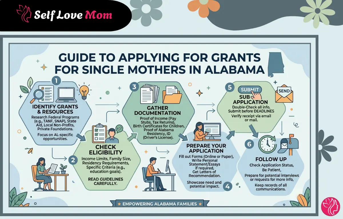 6-step infographic guide for single mothers in Alabama to apply for grants including eligibility check, documentation, application preparation, and follow up