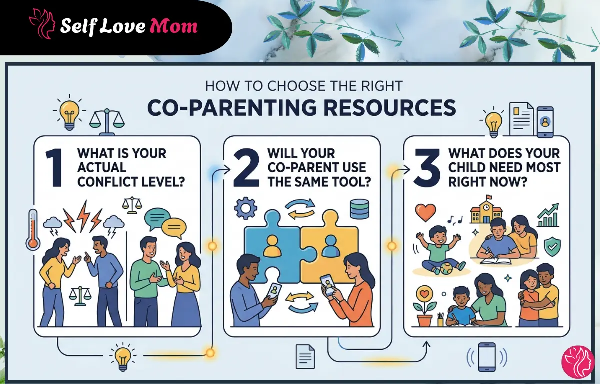 A step-by-step infographic guide on choosing co-parenting resources, featuring three key evaluation questions regarding conflict levels, tool compatibility, and child needs.