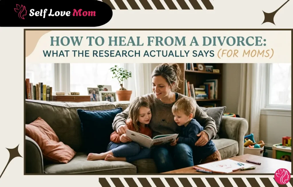 A mother sitting on a couch reading to her two children in a sunlit living room, featuring the text "How to Heal From a Divorce: What the Research Actually Says (For Moms)."