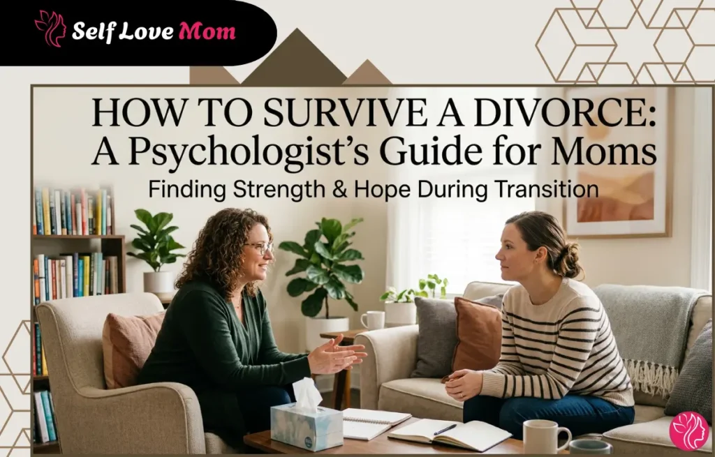 A supportive psychologist talking to a mother in a cozy office about how to survive a divorce.