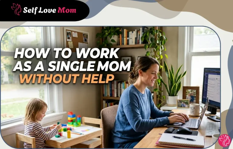 A single mom learning how to work as a single mom without help, typing on her laptop at a home office desk while her young daughter plays independently with colorful building blocks nearby.