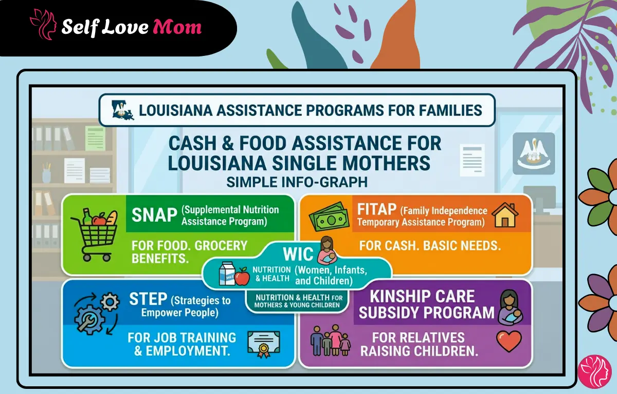 Infographic of Louisiana assistance programs for single mothers featuring SNAP, FITAP, STEP, WIC, and Kinship Care Subsidy Program.