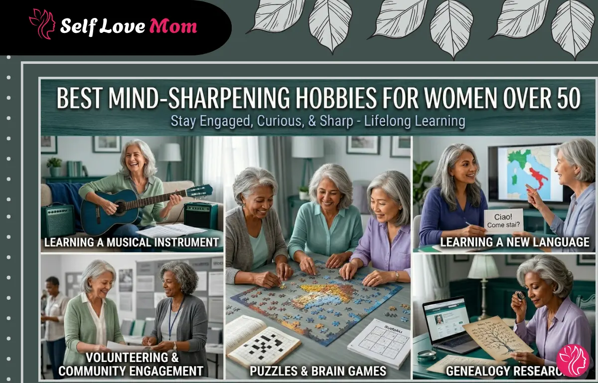 Women over 50 enjoying mind-sharpening hobbies like puzzles, learning instruments, languages, and genealogy research