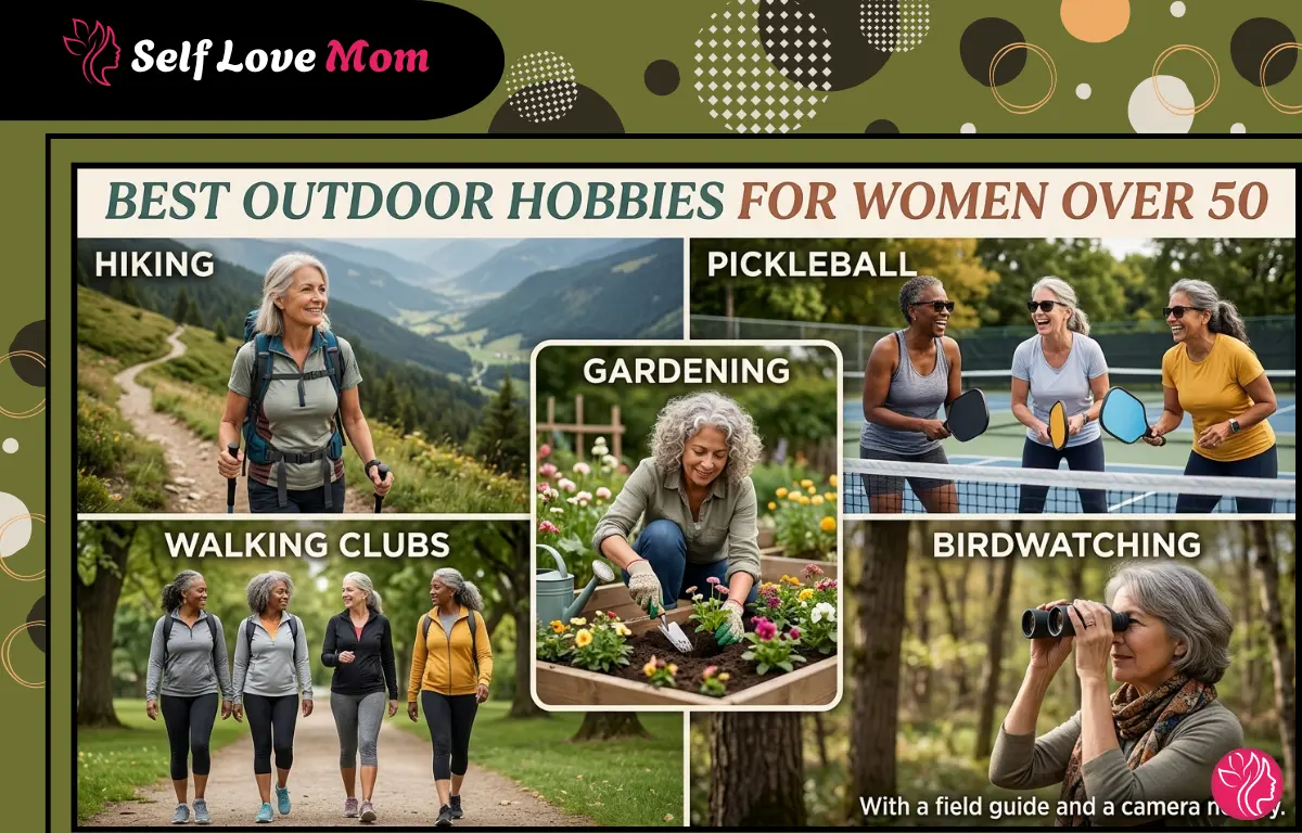 Outdoor hobbies for women over 50 including hiking, gardening, pickleball, birdwatching, and walking clubs