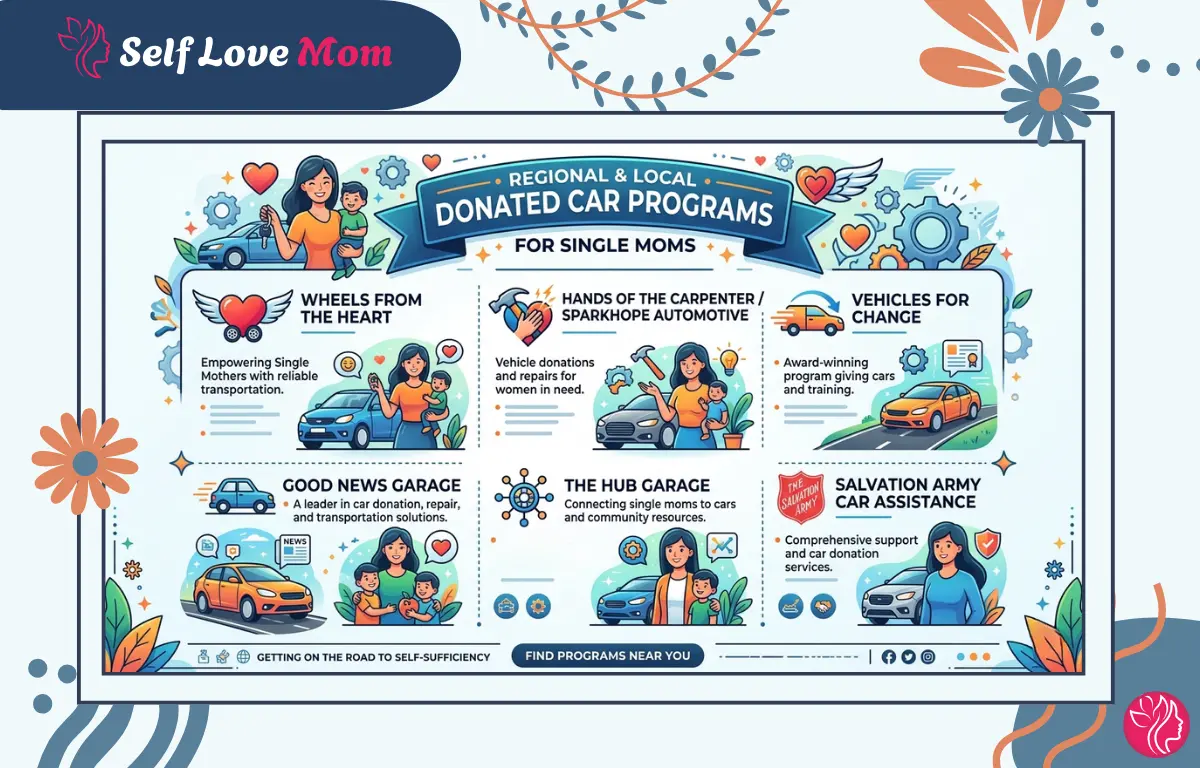 An infographic detailing various regional and local donated car programs for single moms, featuring organizations like Wheels from the Heart, Good News Garage, and Salvation Army.