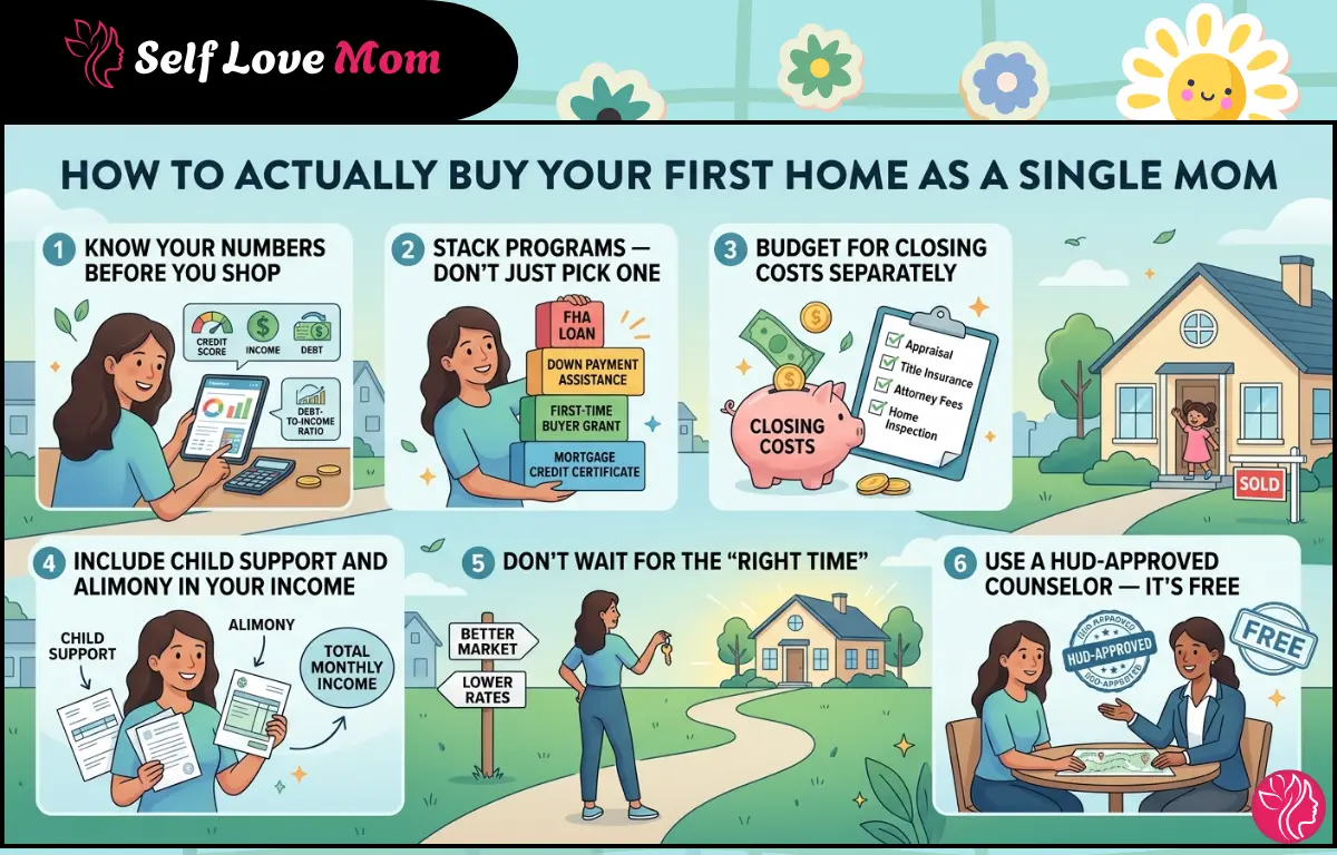 Infographic for a single mom buying a first home showing down payment assistance programs, FHA loans, and HUD housing counseling advice.