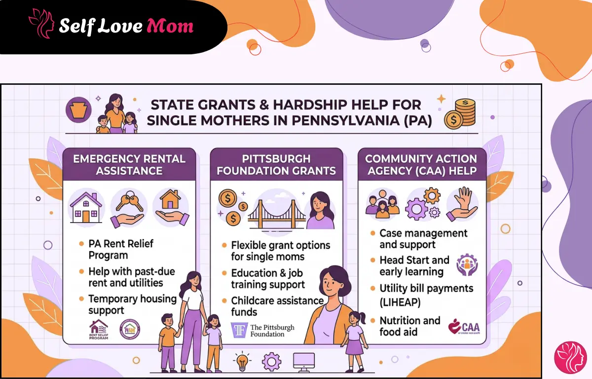 State Grants and Hardship Help for Single Mothers in Pennsylvania – Infographic covering Emergency Rental Assistance, Pittsburgh Foundation Grants, and Community Action Agency (CAA) support programs for single moms in PA